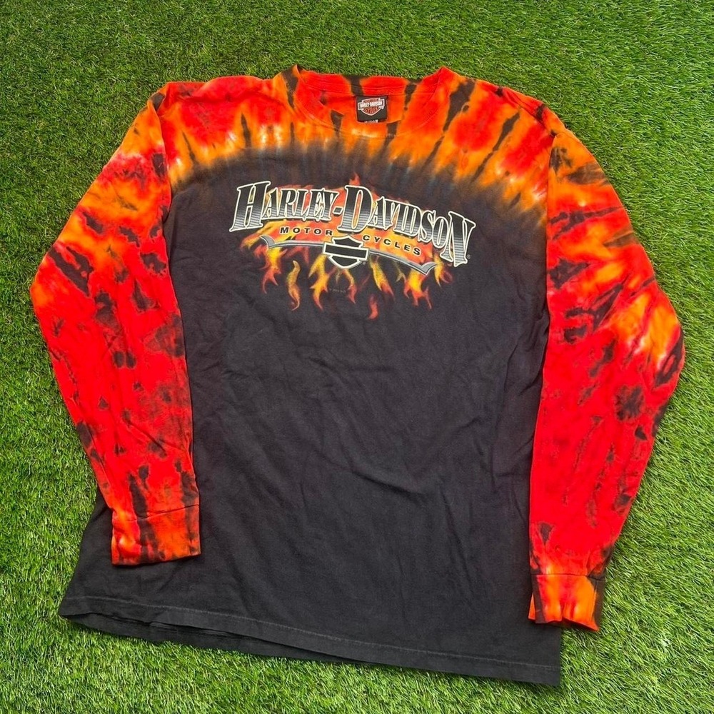 Harley Davidson Tie Dye Flame Long Sleeve T Shirt Large Biker Y2K Graphic USA